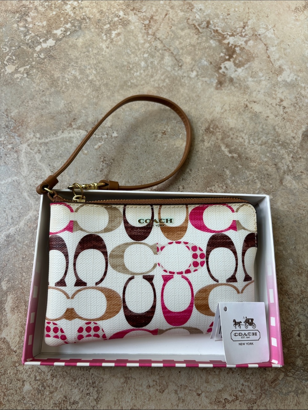 COACH Pink, Brown & Cream Signature Wristlet
